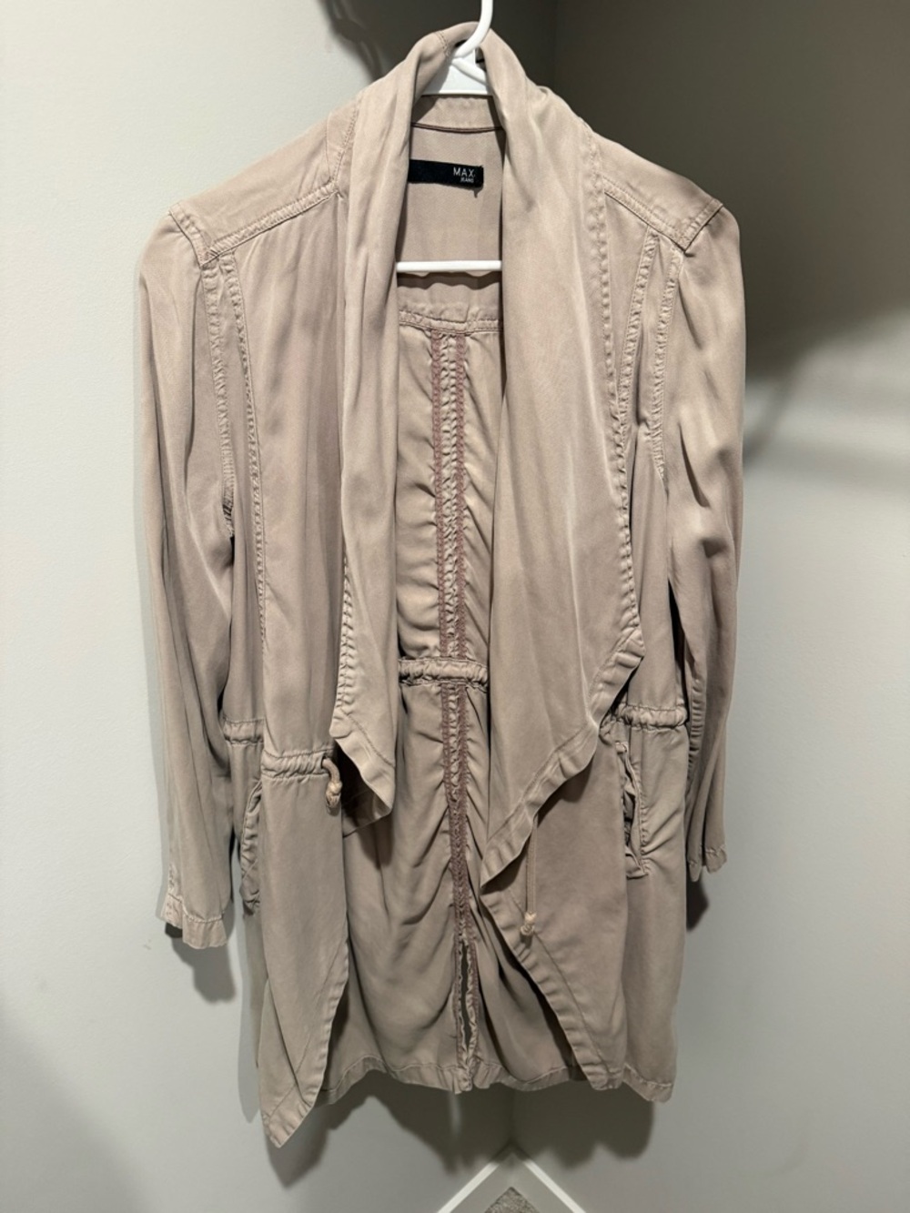 Max Studio Beige Draped Open Front Trench Coat